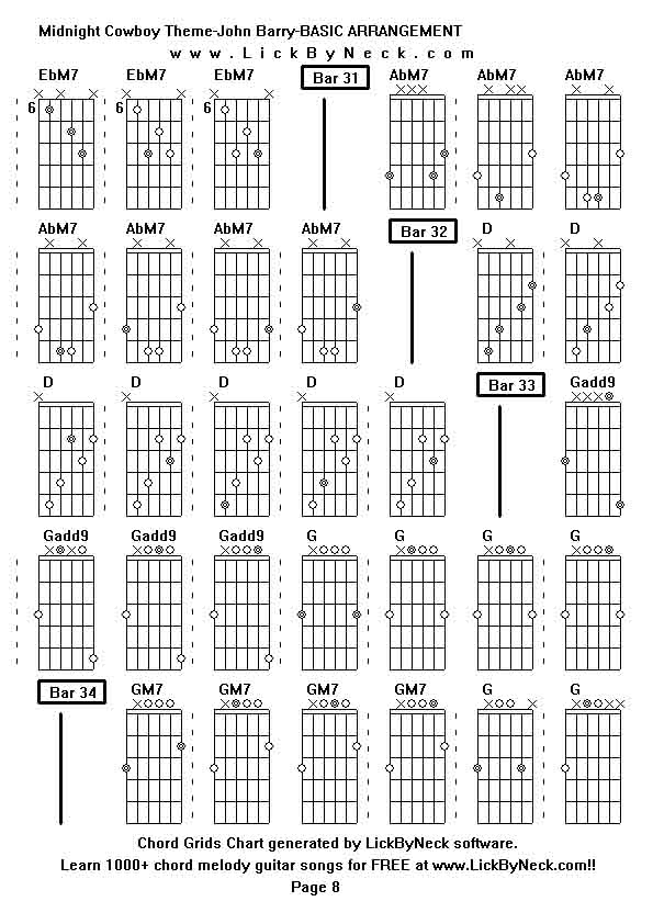 Chord Grids Chart of chord melody fingerstyle guitar song-Midnight Cowboy Theme-John Barry-BASIC ARRANGEMENT,generated by LickByNeck software.